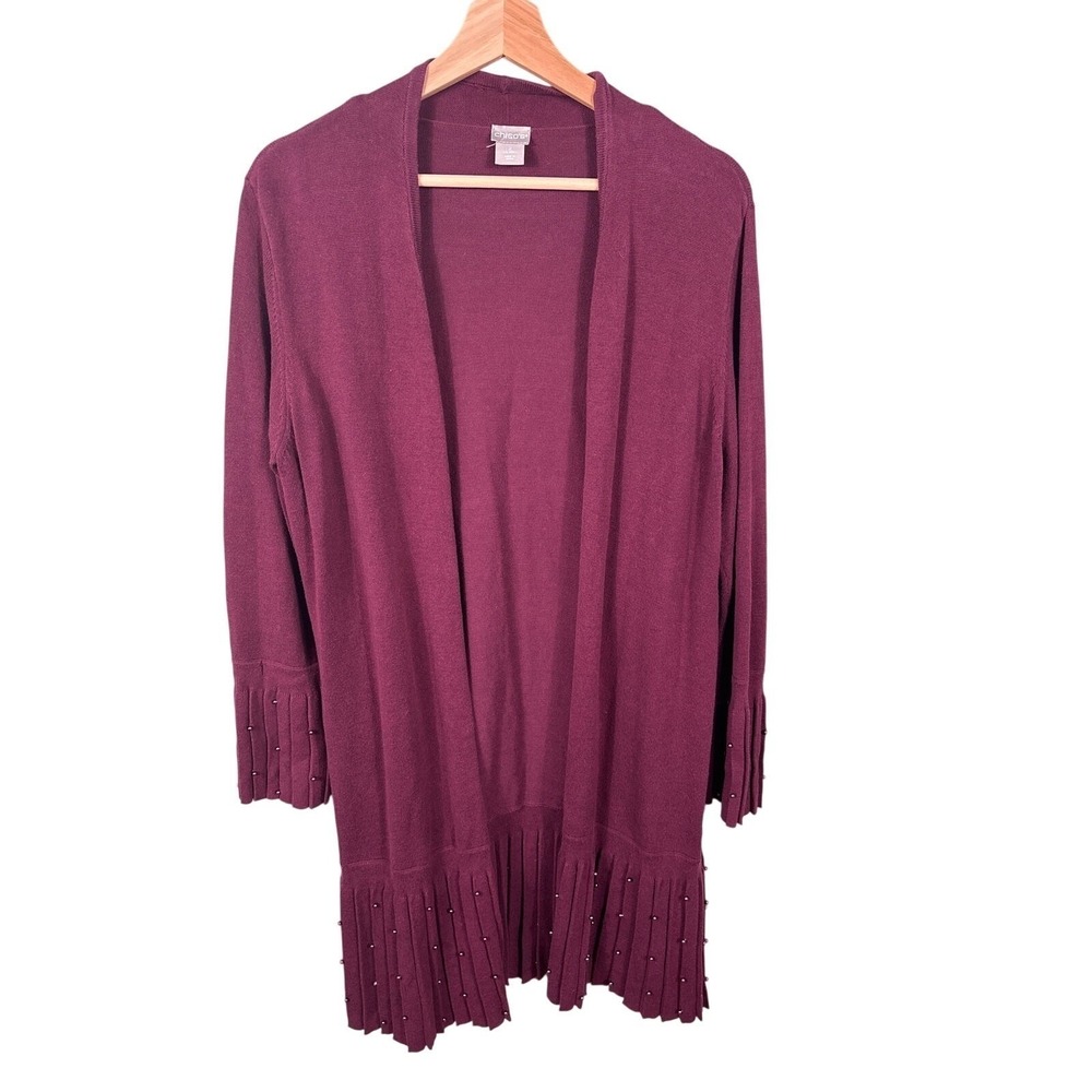 Chicos Burgundy Beaded Pleated Hem Open Front Duster Cardigan Sweater Size 2‎ L